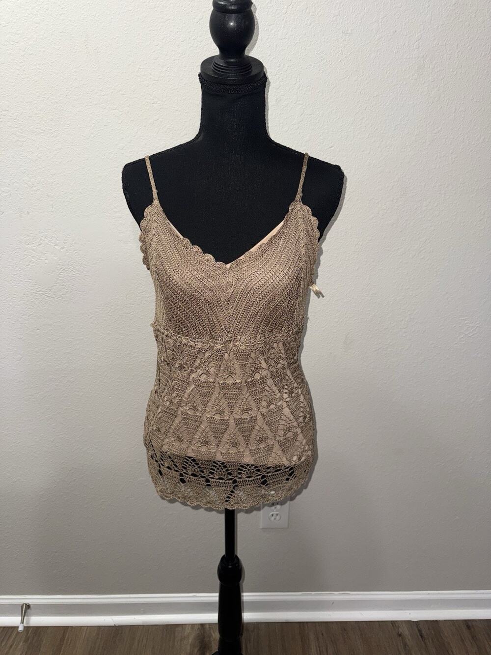 Parisian Signature Tan Crochet Knit Camisole Top Womens SM Lined Boho Festival
